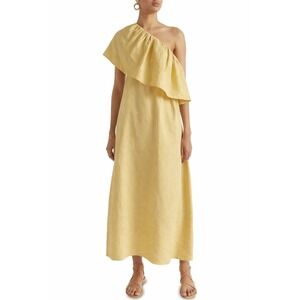 Seed Heritage Linen One Shoulder Maxi Dress US 8 AU 12 Yellow Ruffle Coastal